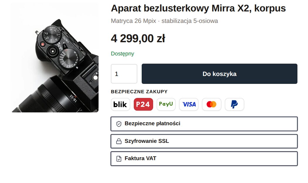 Karta aparatu w sklepie z elektroniką: pod przyciskiem sześć logotypów płatności oraz pieczęcie bezpiecznych płatności, szyfrowania SSL i faktury VAT