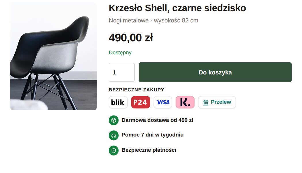 Karta krzesła w sklepie meblowym: pod przyciskiem logotypy BLIK, Przelewy24, Visa, Klarna i przelew oraz pieczęcie darmowej dostawy od 499 zł, pomocy 7 dni w tygodniu i bezpiecznych płatności
