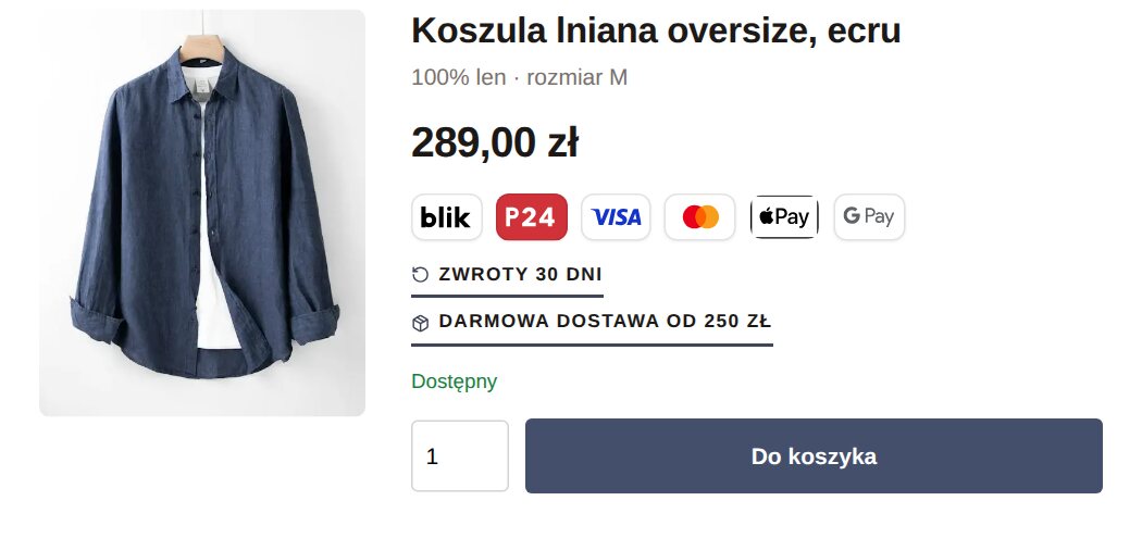 Karta koszuli lnianej: pod ceną sześć logotypów płatności oraz pieczęcie „Zwroty 30 dni” i „Darmowa dostawa od 250 zł”