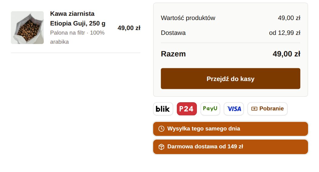 Koszyk palarni kawy: pod podsumowaniem logotypy BLIK, Przelewy24, PayU, Visa i płatność za pobraniem oraz pieczęcie wysyłki tego samego dnia i darmowej dostawy od 149 zł