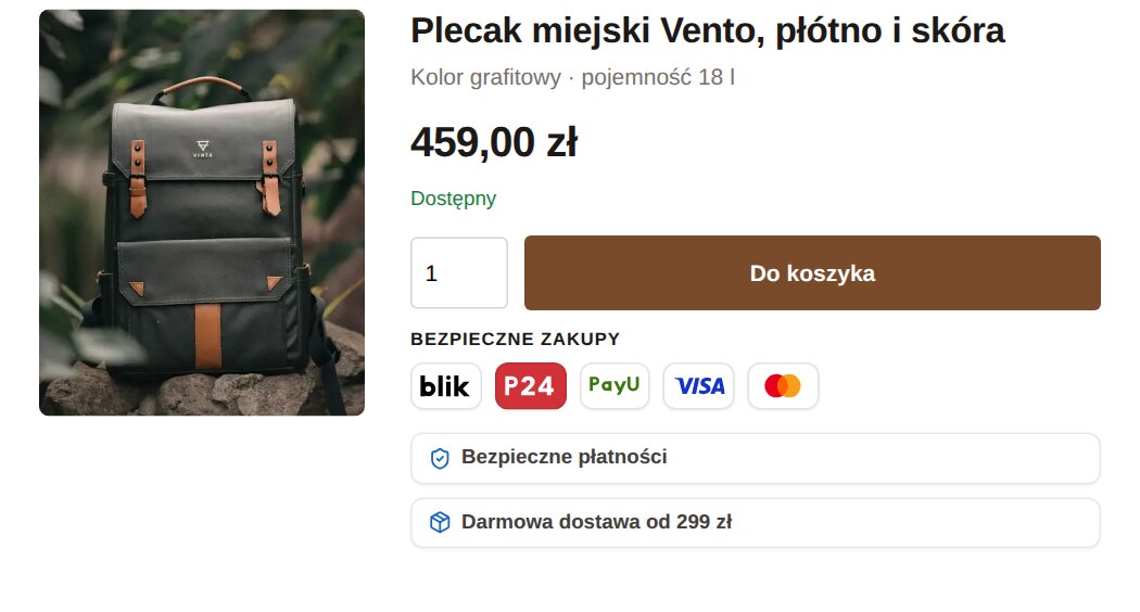 Karta plecaka w przykładowym sklepie: pod przyciskiem „Do koszyka” pasek z logotypami BLIK, Przelewy24, PayU, Visa i Mastercard oraz pieczęciami bezpiecznych płatności i darmowej dostawy od 299 zł