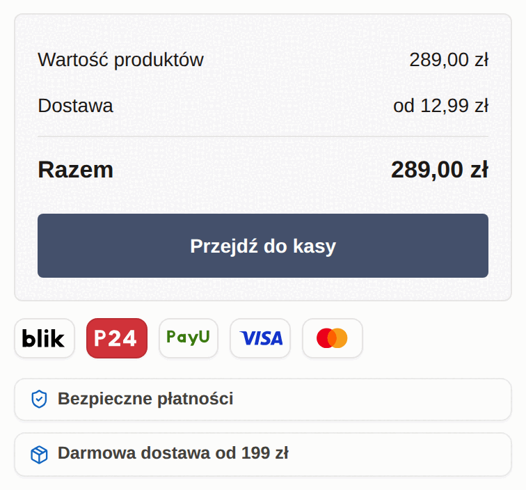 Podsumowanie koszyka z paskiem zaufania pod przyciskiem „Przejdź do kasy”