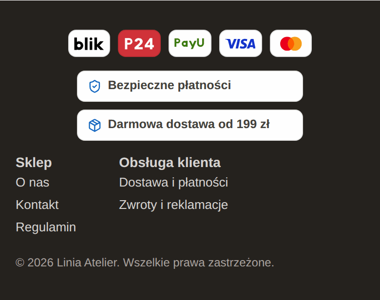 Pasek zaufania na początku ciemnej stopki sklepu