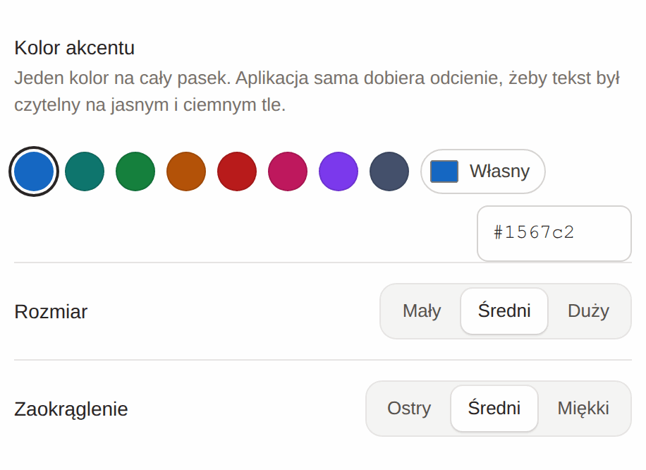 Ustawienia koloru akcentu, rozmiaru i zaokrąglenia w panelu