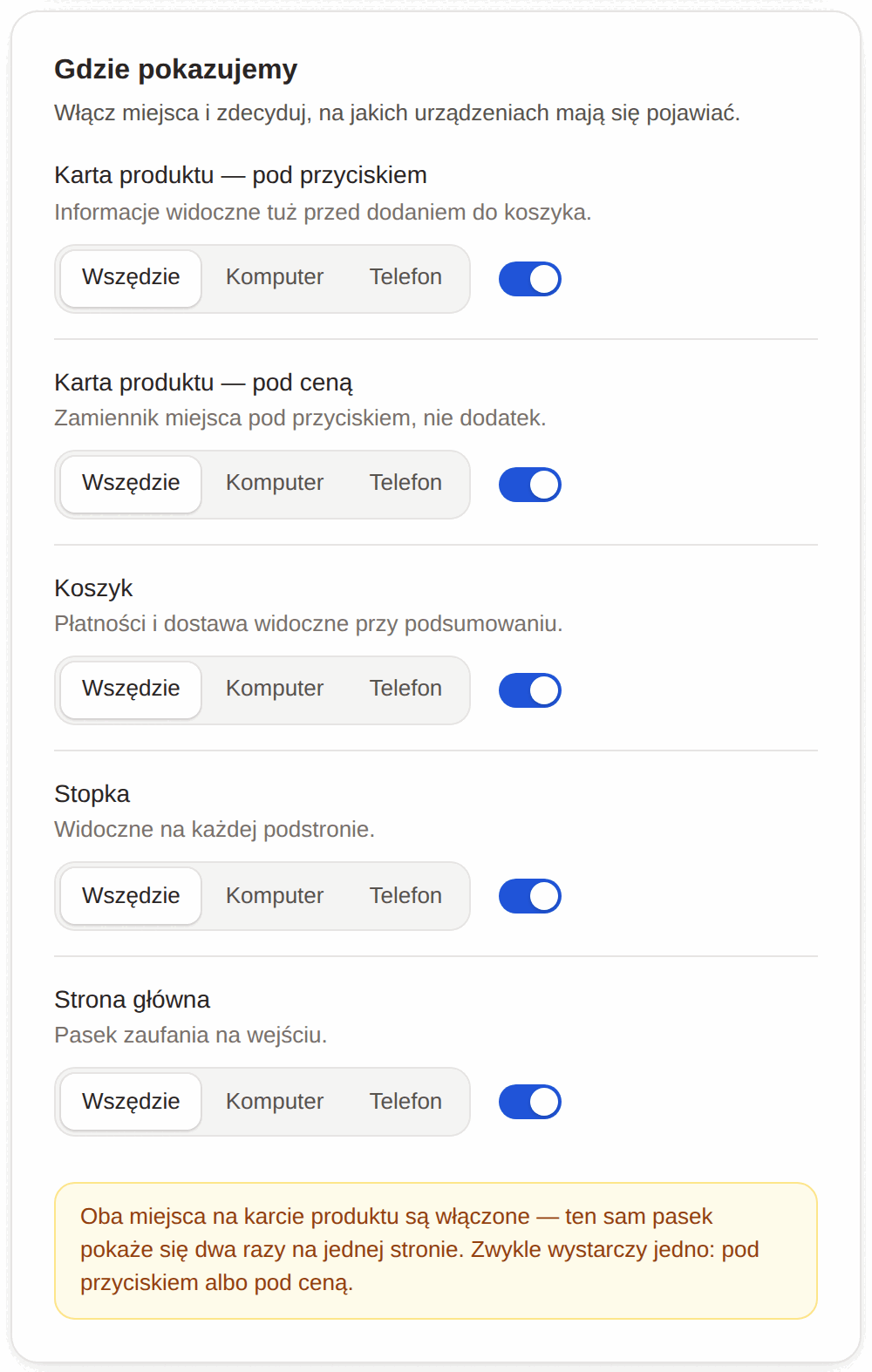 Lista pięciu miejsc w panelu, każde z przełącznikiem urządzeń i włącznikiem