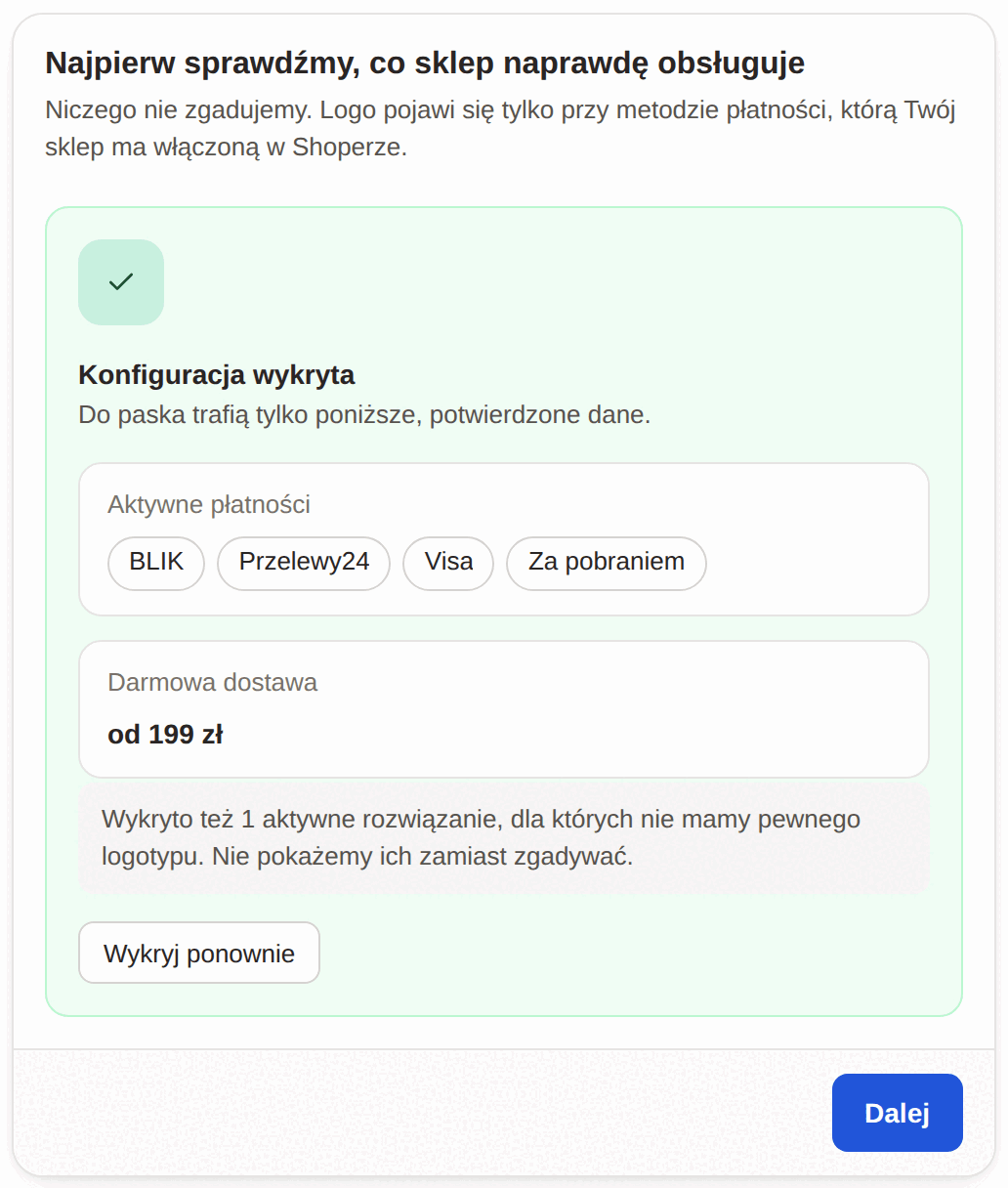 Krok kreatora: wykryte płatności BLIK, Przelewy24, Visa i za pobraniem oraz darmowa dostawa od 199 zł
